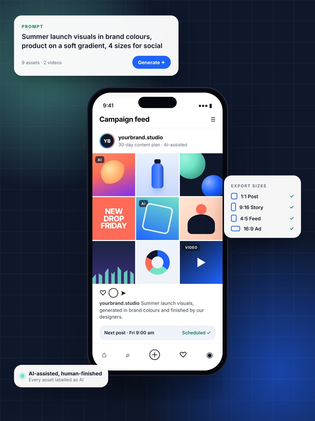 Phone showing an AI-assisted social campaign feed, with the prompt and export sizes beside it