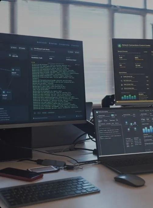 Security monitoring screens on a desk