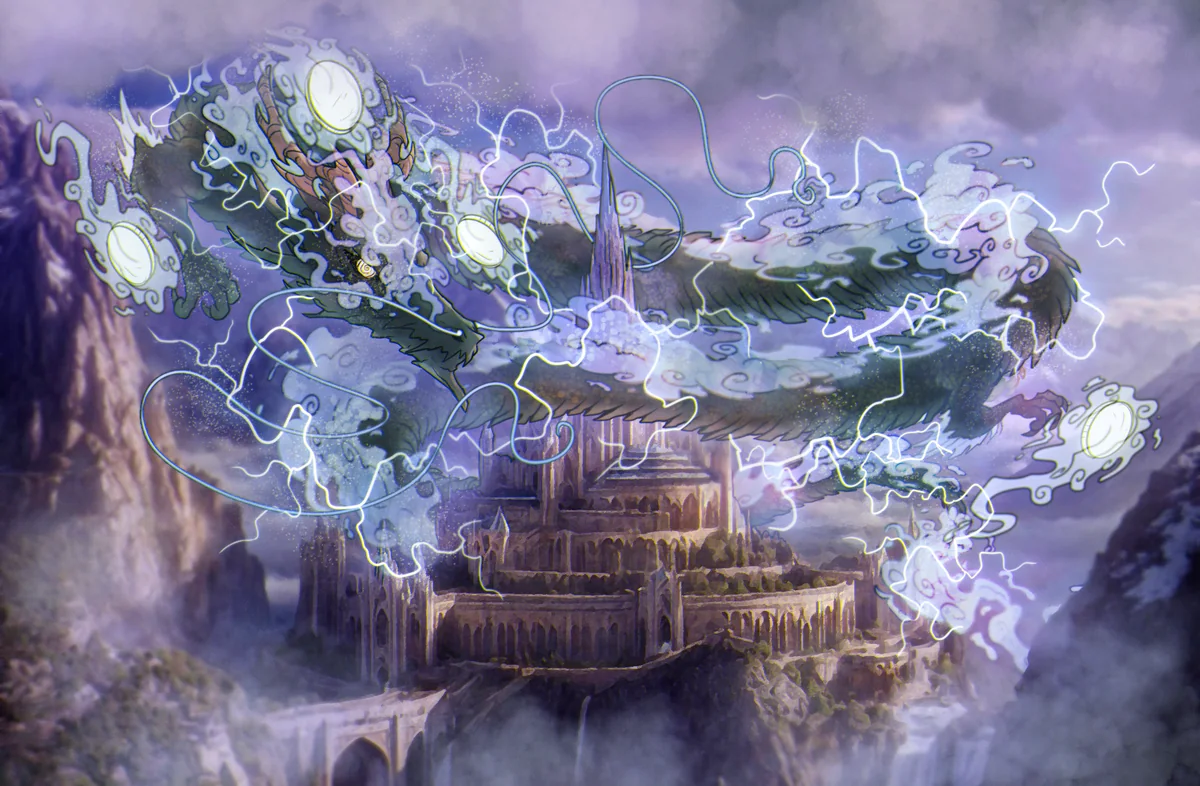 Concept art of a lightning dragon above a stone citadel