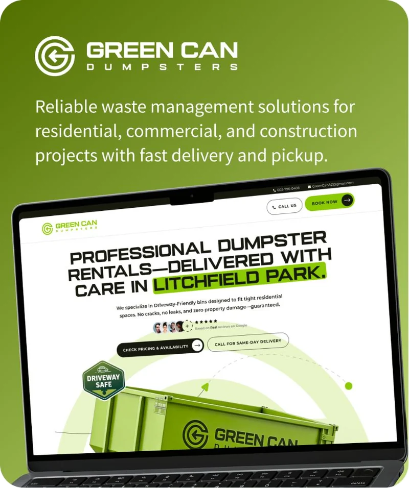 Green Can Dumpsters booking website on a laptop
